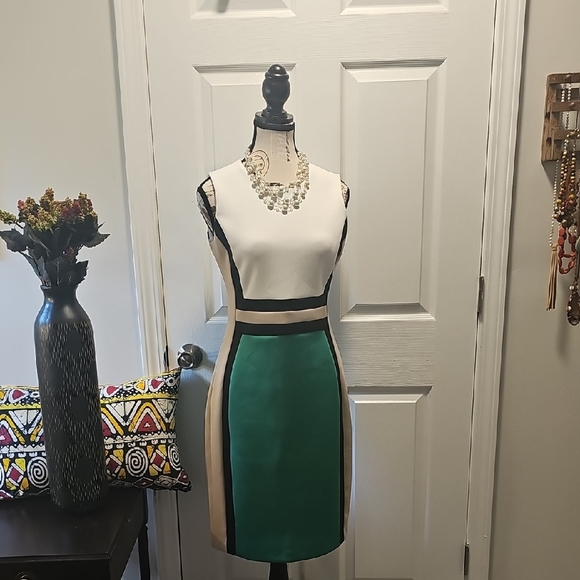 Calvin Klein Dresses & Skirts - Calvin Klein Green, Cream and Black Slimming Pencil Dress, Size 4.